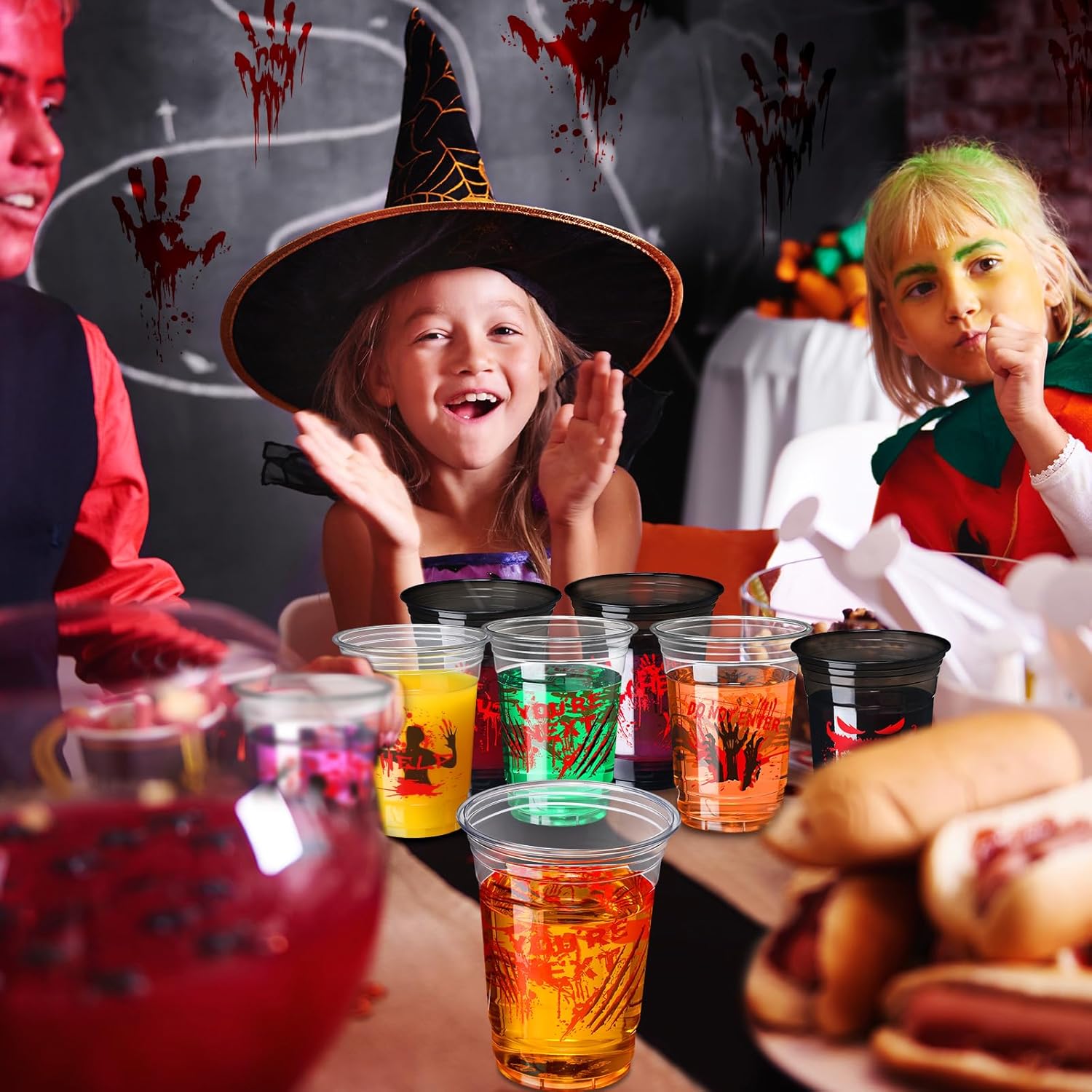 Sliner 120 Pack Blood Print Plastic Cups - 16 oz Bloody Hand Print Disposable Halloween Drinking Cups for Scary Party Supplies, Juice, Soda Decorations