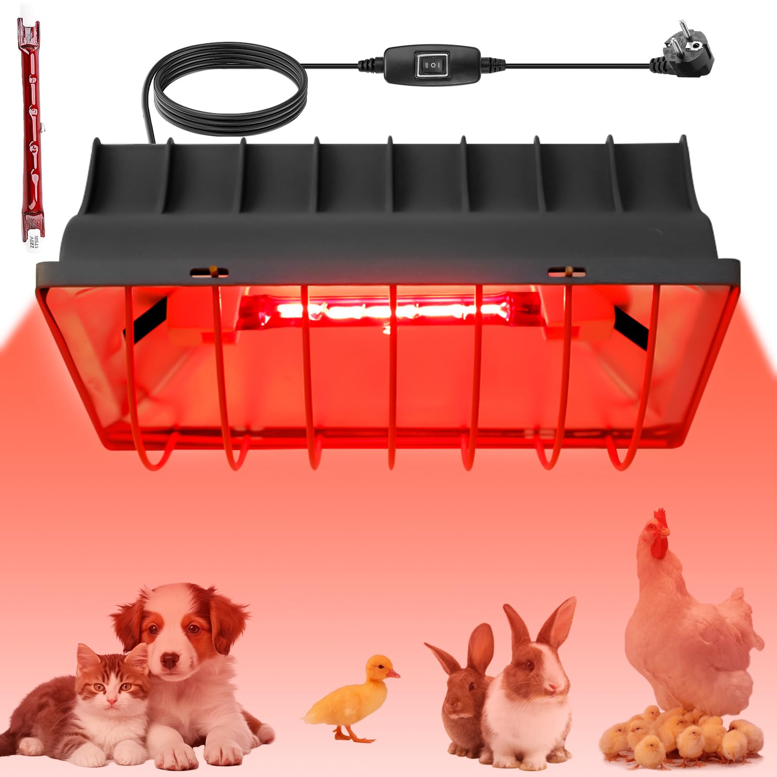 Lámpara de calor de 1,8 metros, emisor de calor, lámpara infrarroja de luz roja con interruptor, lámpara de calor para animales, lámpara de calefacción para gallineros, para pollitos etc. (175 vatios)