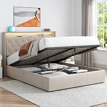 Gyfimoie Queen Size Lift Up Bed Frame, Upholstered Button Tufted Wingback Bed with LED Lights & Charging Station, Hydraulic Storage Bed Frame w/Wood Slats, No Box Spring Needed Beige, Queen