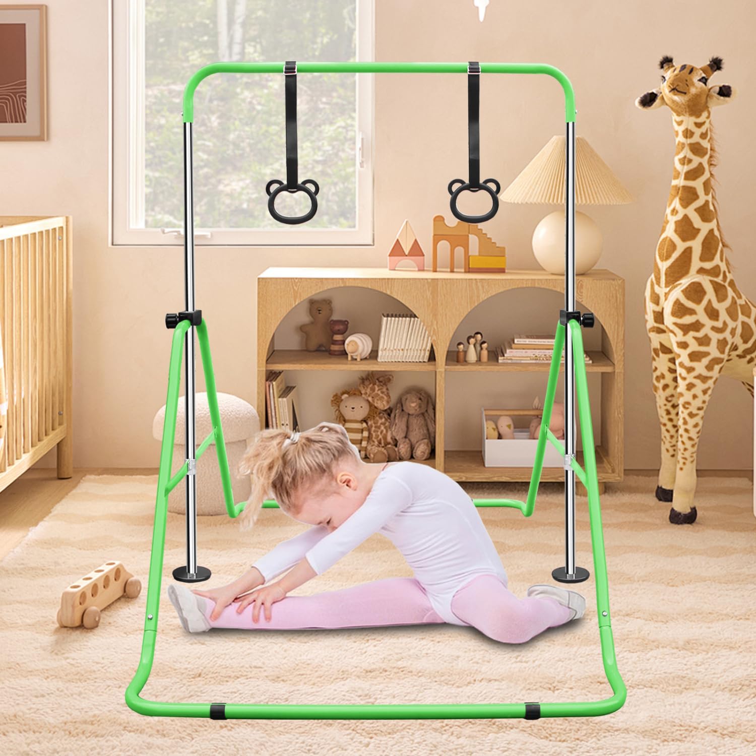 Green Multi-Functional Adjustable Height Horizontal Gymnastic Bar with Bear Rings