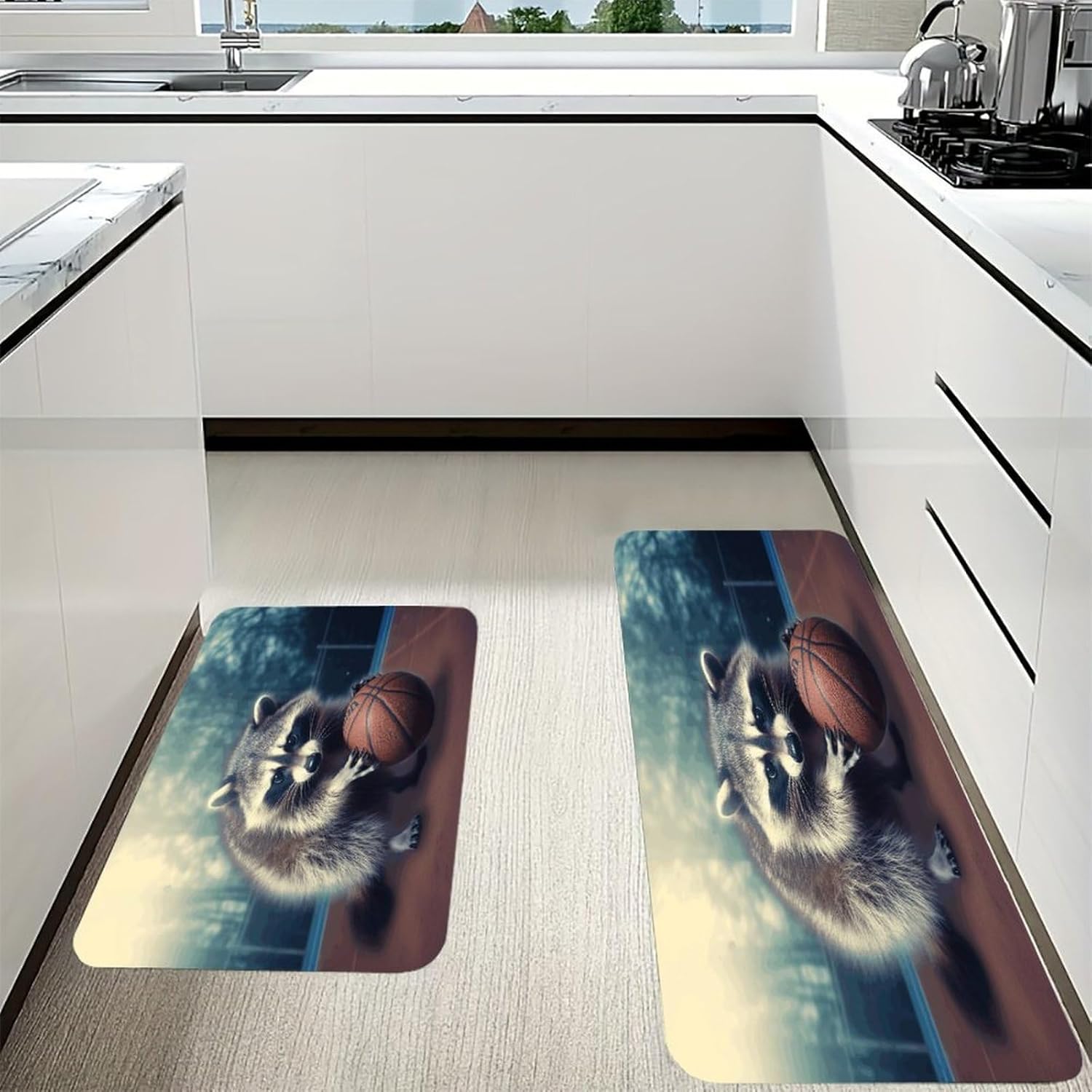 Funny Raccoon Basketball Kitchen Mat Washable Non Slip Rugs Soft Kitchen Mats for Floor Set of 2 PCS Cushioned Absorbent Runner Standing Rugs for Home Sink Laundry Office