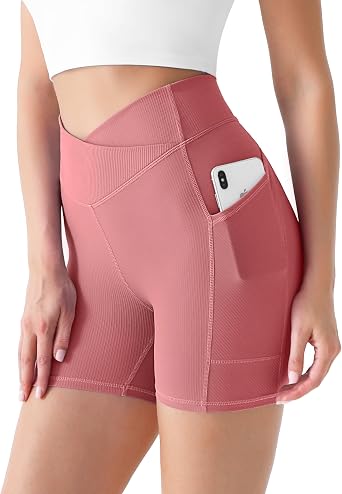Desol 5" Cross Waist Biker Shorts with Pockets, Ribbed Women Yoga Shorts, Soft Tummy Control Tight Shorts for Gym Athletic