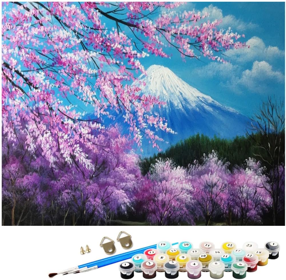 WOWDECOR – Pittura Ad Olio Con Numeri Su Tela 40x50cm, Albero Di Ciliegio E Vulcano, Colori Acrilici Inclusi, 3 Pennelli, Con Telaio, Fai Da Te Per Adulti E Bambini