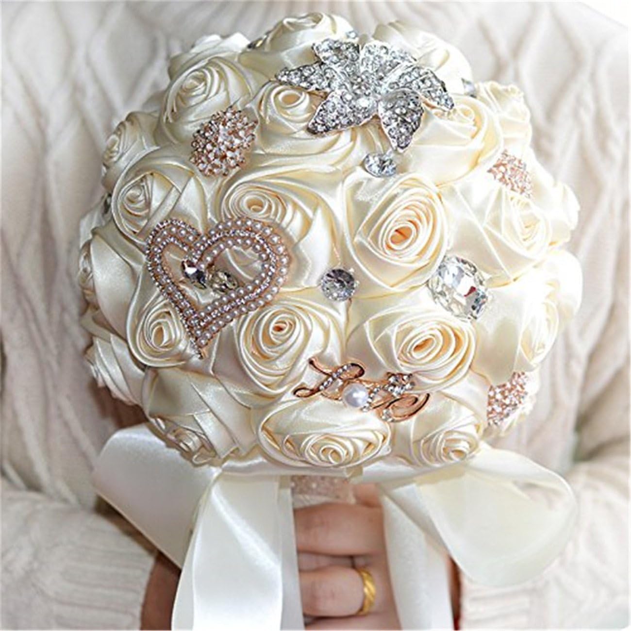 Fouriding Wedding Diamond Pearl Satin Roses Bridesmaid Bridal Artificial Bouquets Customization Bride Holding Bouquet for Photo Shooting Valentine's Day - Image 3