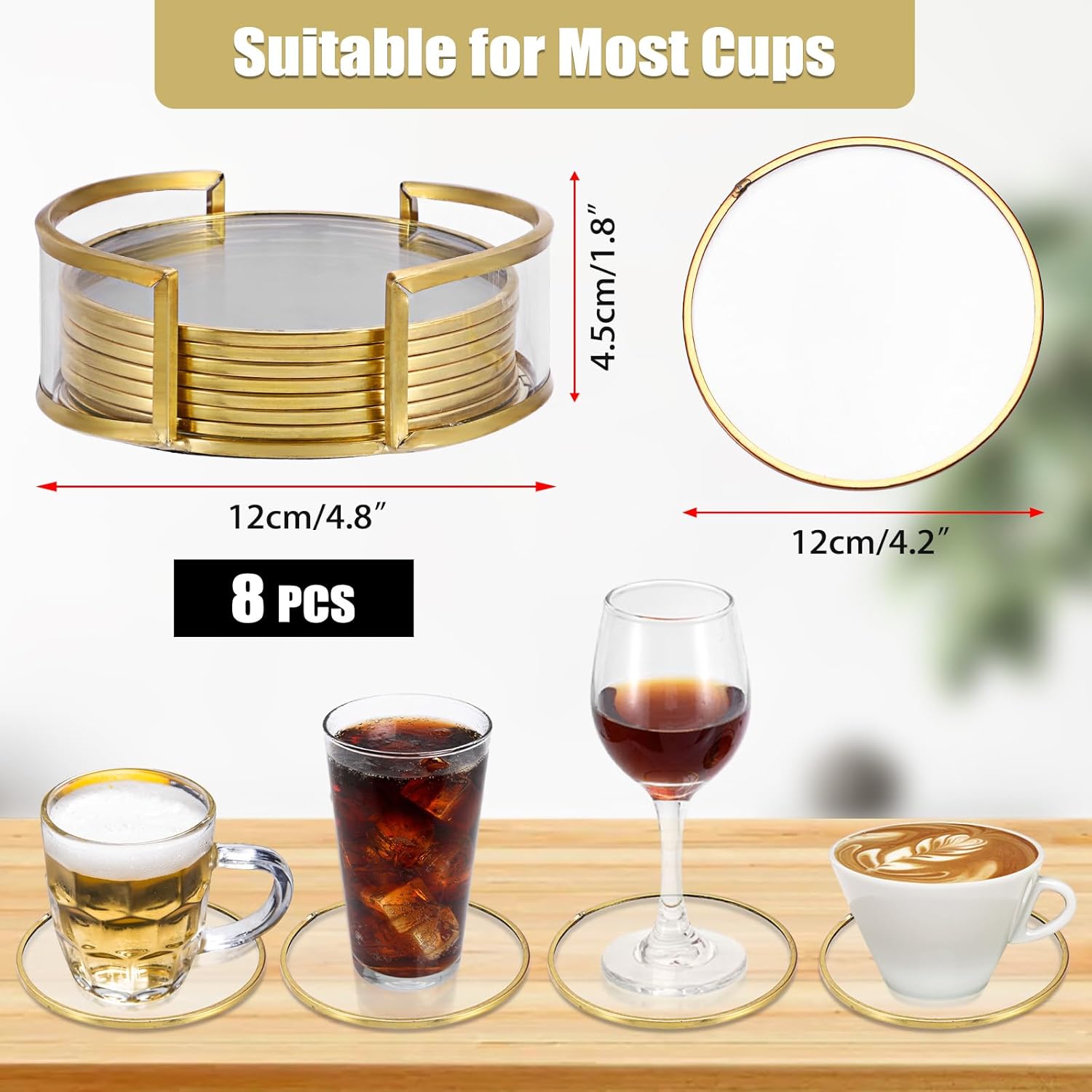 Glass Coaster Set of oDrink Coasters with Holder, Gold Brass-Coated Glass Coasters for Drinks, Round Cup Mats Coffee Table Décor for Kitchen, Living Room, Bar, Office, Patio, 4 Inches