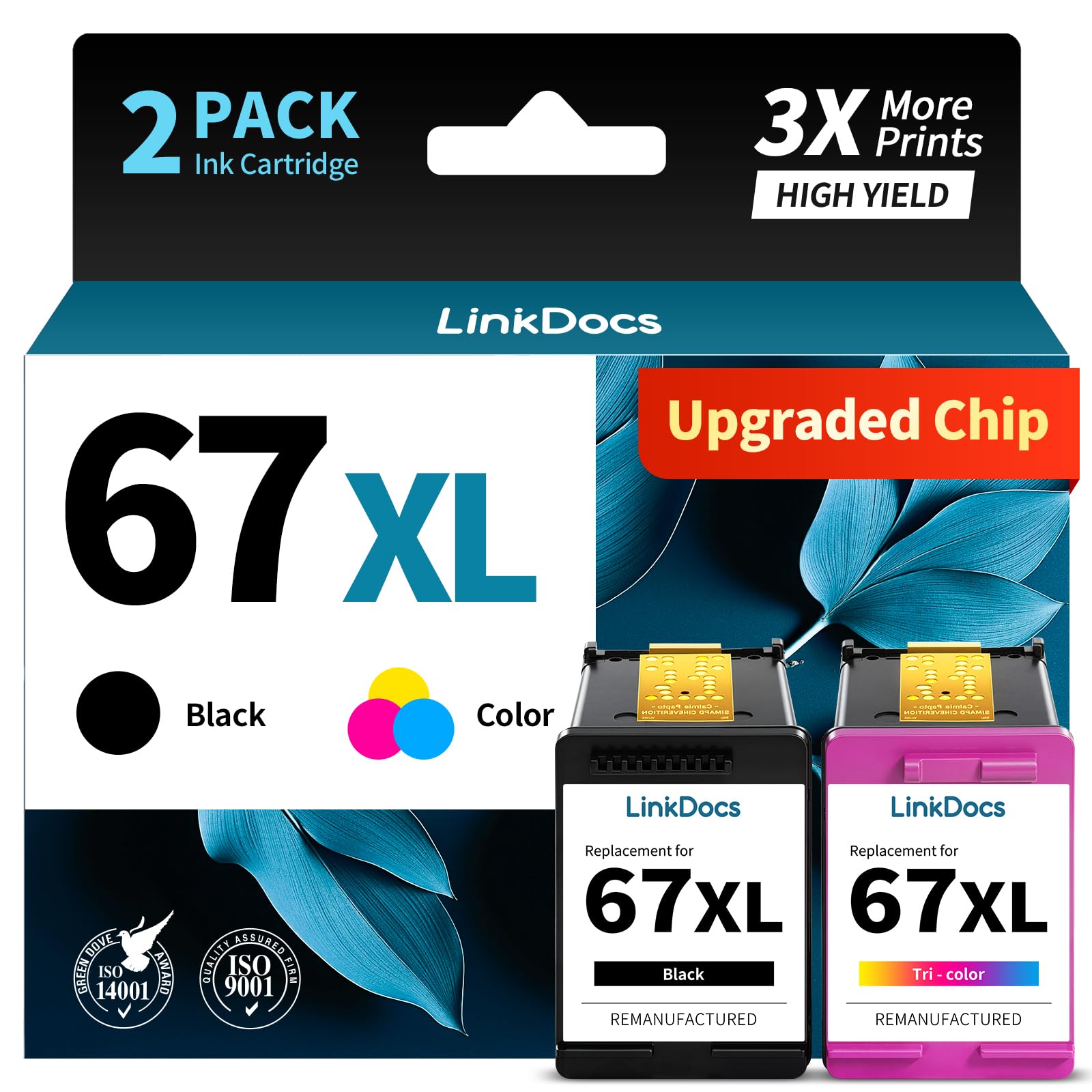 Photo 1 of LinkDocs 67xl Ink Cartridges Combo Pack Remanufactured Replacement for HP Ink 67 Work with HP DeskJet 2855e 2800e 2755e Envy 6055e Pro 6400 6455 DeskJet 2732 2752 Printers (2-Pack Black&Tri-Color)