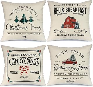 AENEY Christmas Decorations Pillow Covers 18x18 Set of 4, Farm Fresh Tree Red Truck Rustic Winter Holiday Throw Pillows Fa...