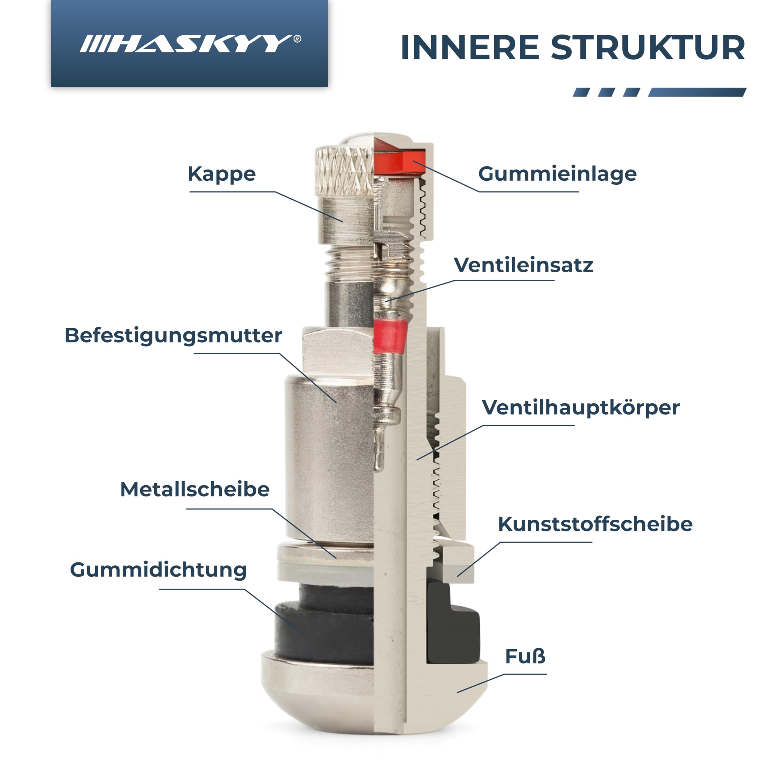 HASKYY 100x Metallventile 11,3 mm TR413 für Auto & PKW 45 mm - Silber Universal Reifenventile Snap-In für Stahlfelgen - Ersatz Felgenventile Set