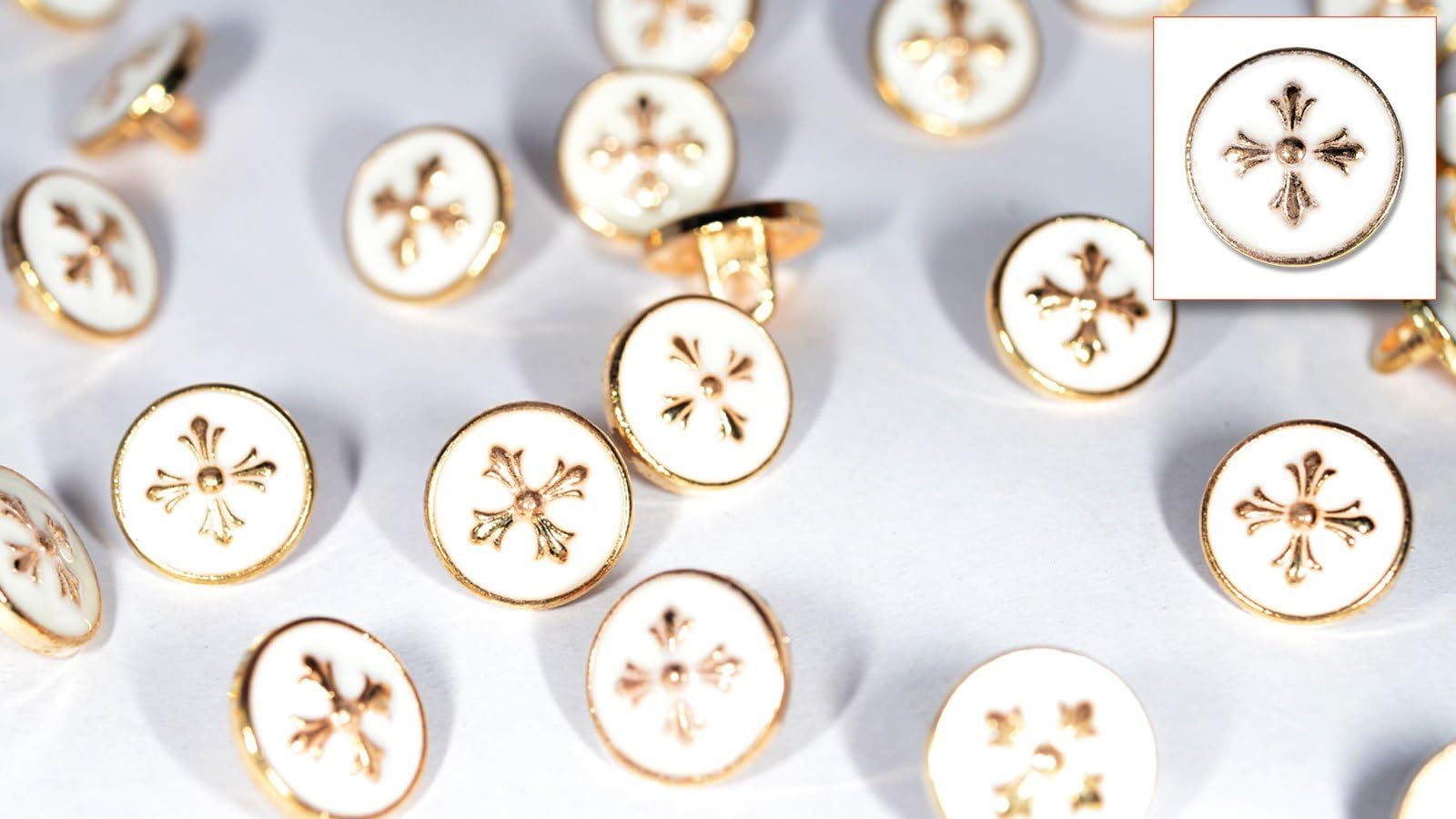 Set of 12 Die Cast Metal Alloy Shirt/Blouse Buttons (FL881-01-GOLDWHITE) White Enamel on Gold Cross (ø10.5mm in Diameter)