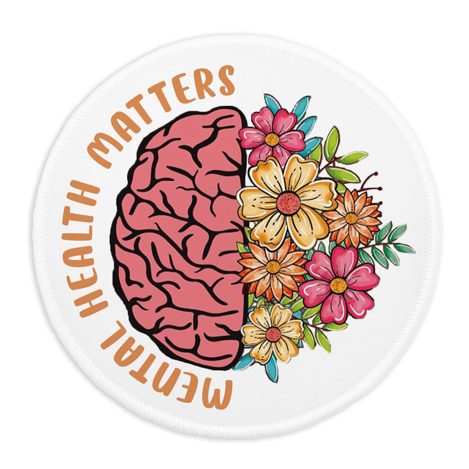 YAZMEEN Funny Brain Mousepad，Mental Health Matters Mouse Pad with Stitched Edge Non-Slip Rubber Base，Office Gift Home Office Computer Desk Accessories，Round Mouse Mat for Laptop Gaming Supplies
