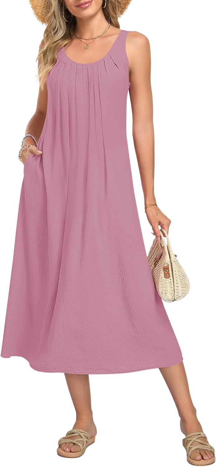 MISFAY Women's Summer Maxi Dress Sleeveless Back Hollow Out Long Dress Beach Sundresses with Pockets
