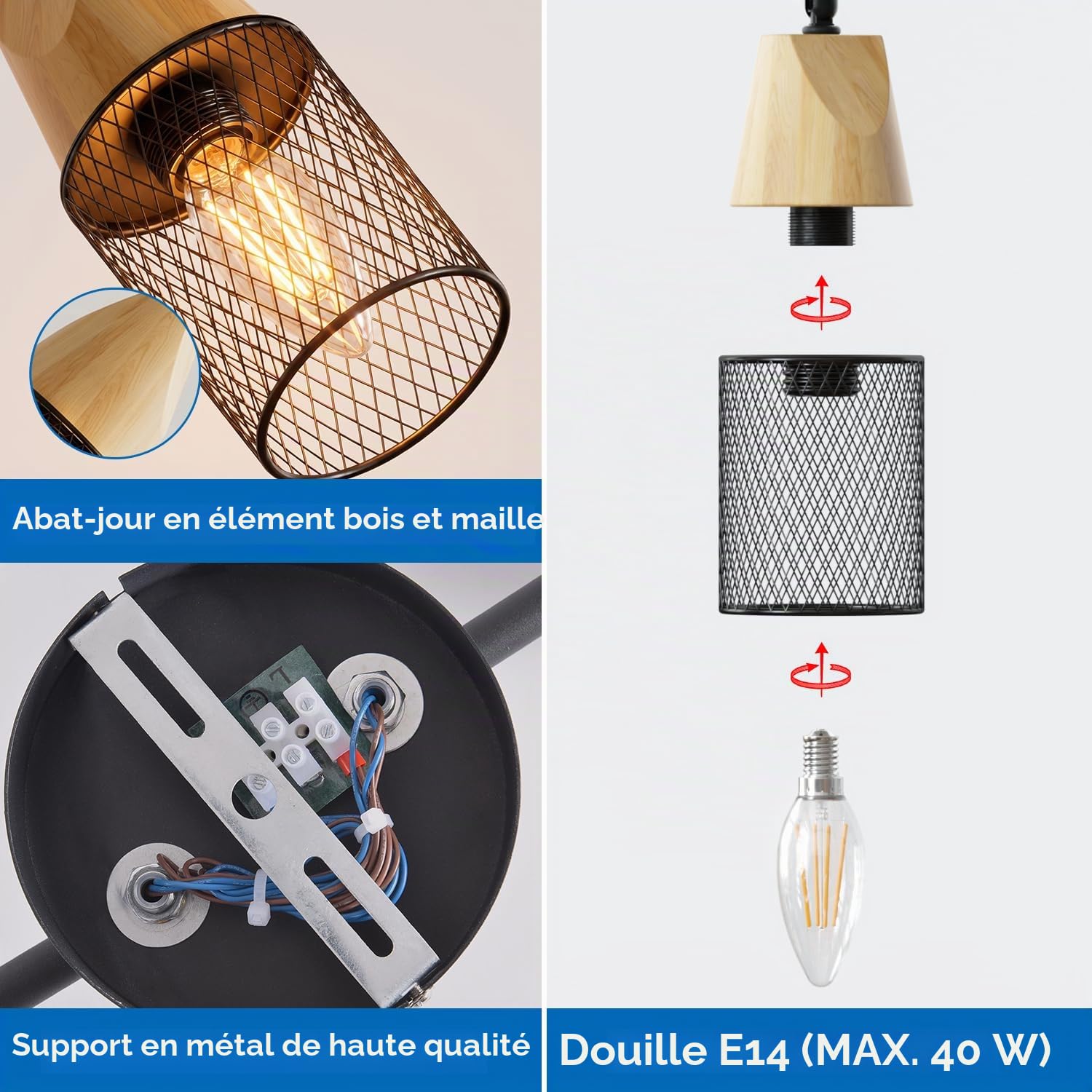 ANWIO Plafonnier LED 3 Spots, E14 Spot de Plafond Orientable, Rampe Spot LED Mural Bois,Plafonnier Industriel Couloir, Chambre, Cuisine (Sans Ampoules)