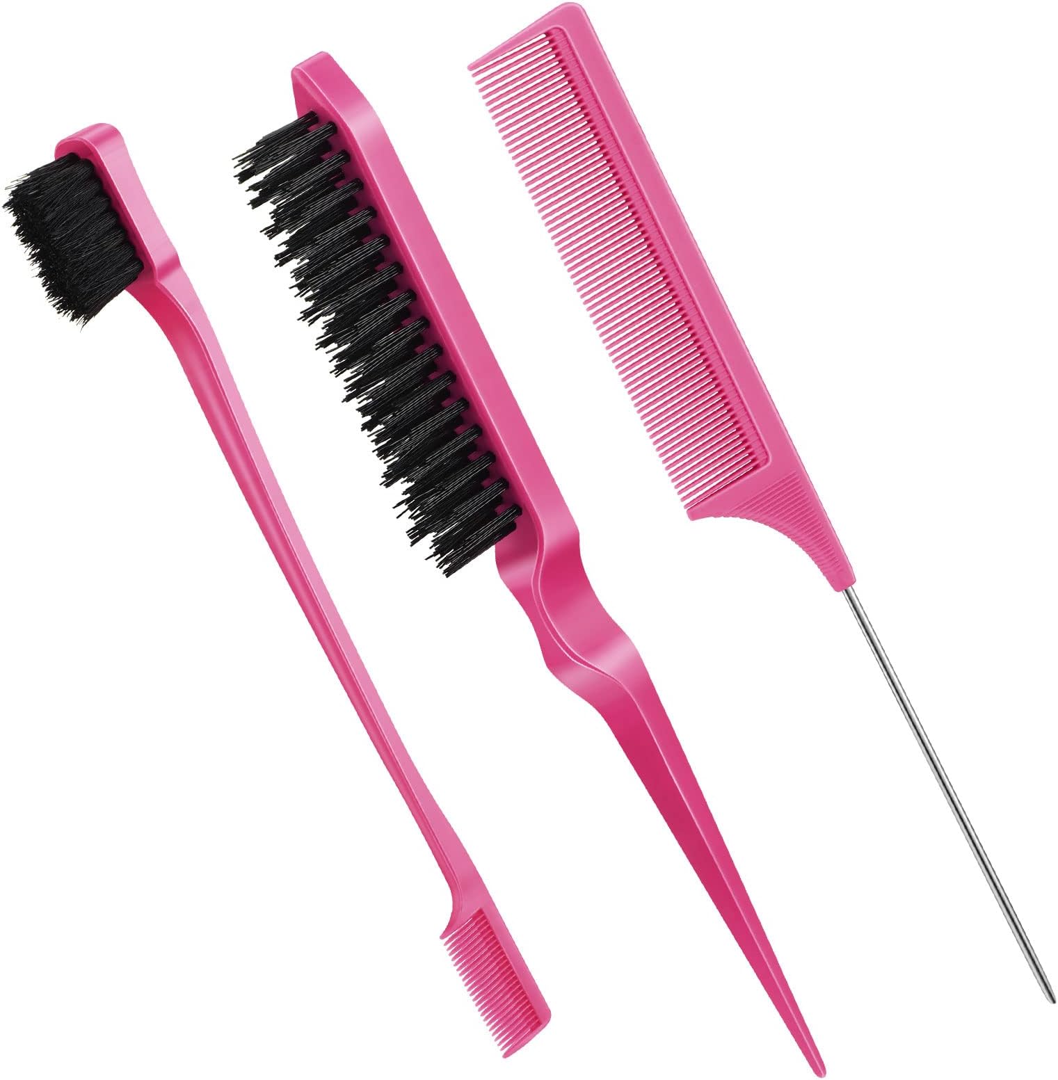 Geiserailie 3 Pcs Slick Back Hair Brush Set Bristle Brush Edge Control Teasing Comb for Women Black Hair(Rose Red)
