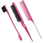 Geiserailie 3 Pcs Slick Back Hair Brush Set Bristle Brush Edge Control Teasing Comb for Women Black Hair(Rose Red)