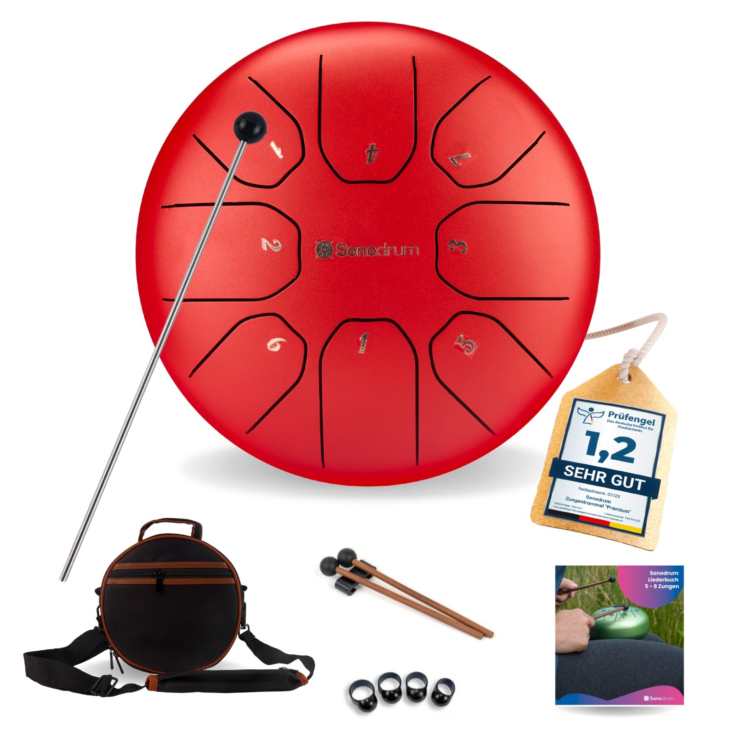 Tongue Drum “Standard C mayor” en rojo - diámetro 20cm y 8 notas. Steelpan con libro de música, bolsa y mallets. Instrumento de percusión Handpan para niños y adultos - Para meditación y yoga