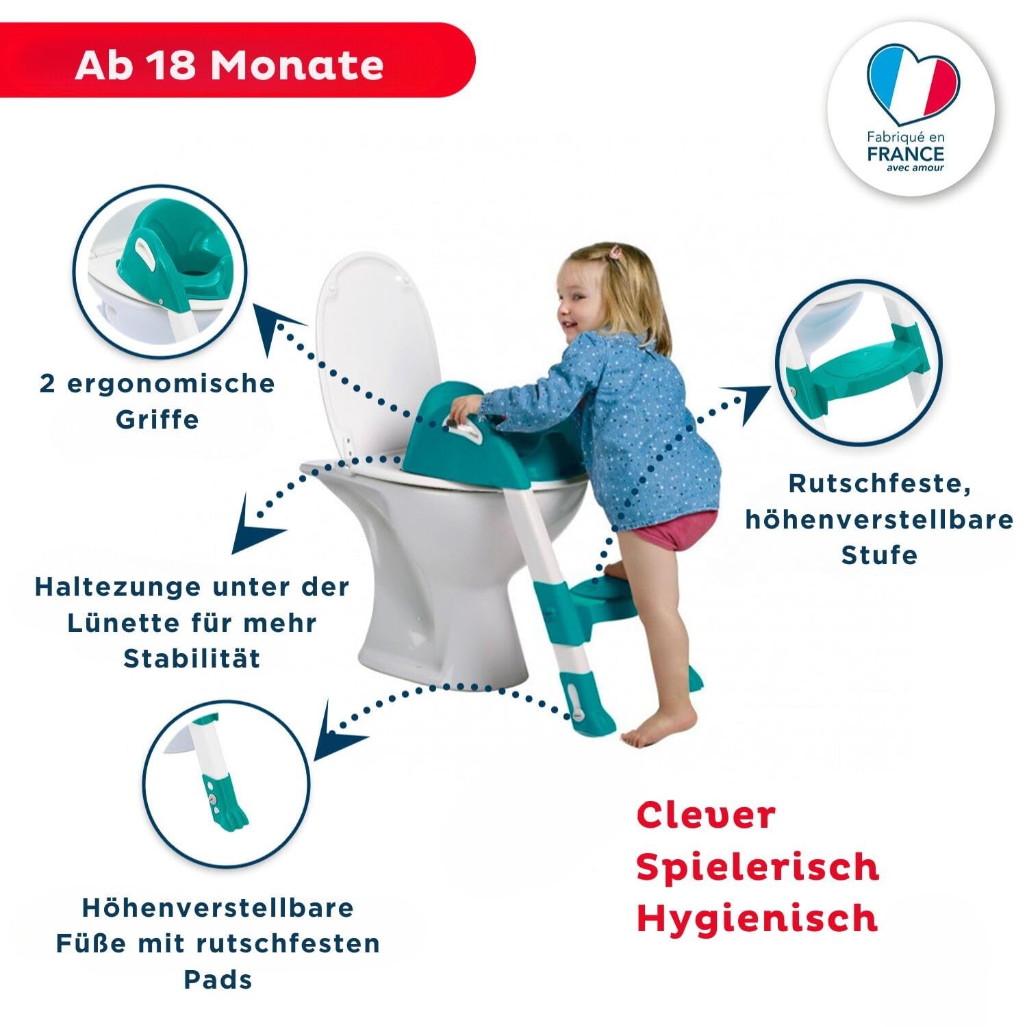 Thermobaby - Kinder-WC-Reduzierer - Kiddyloo - Clever, spielerisch & hygienisch - Verstellbare Beine- rutschfeste Stufe - Kompaktes Zusammenklappen - Ab 18 Monate