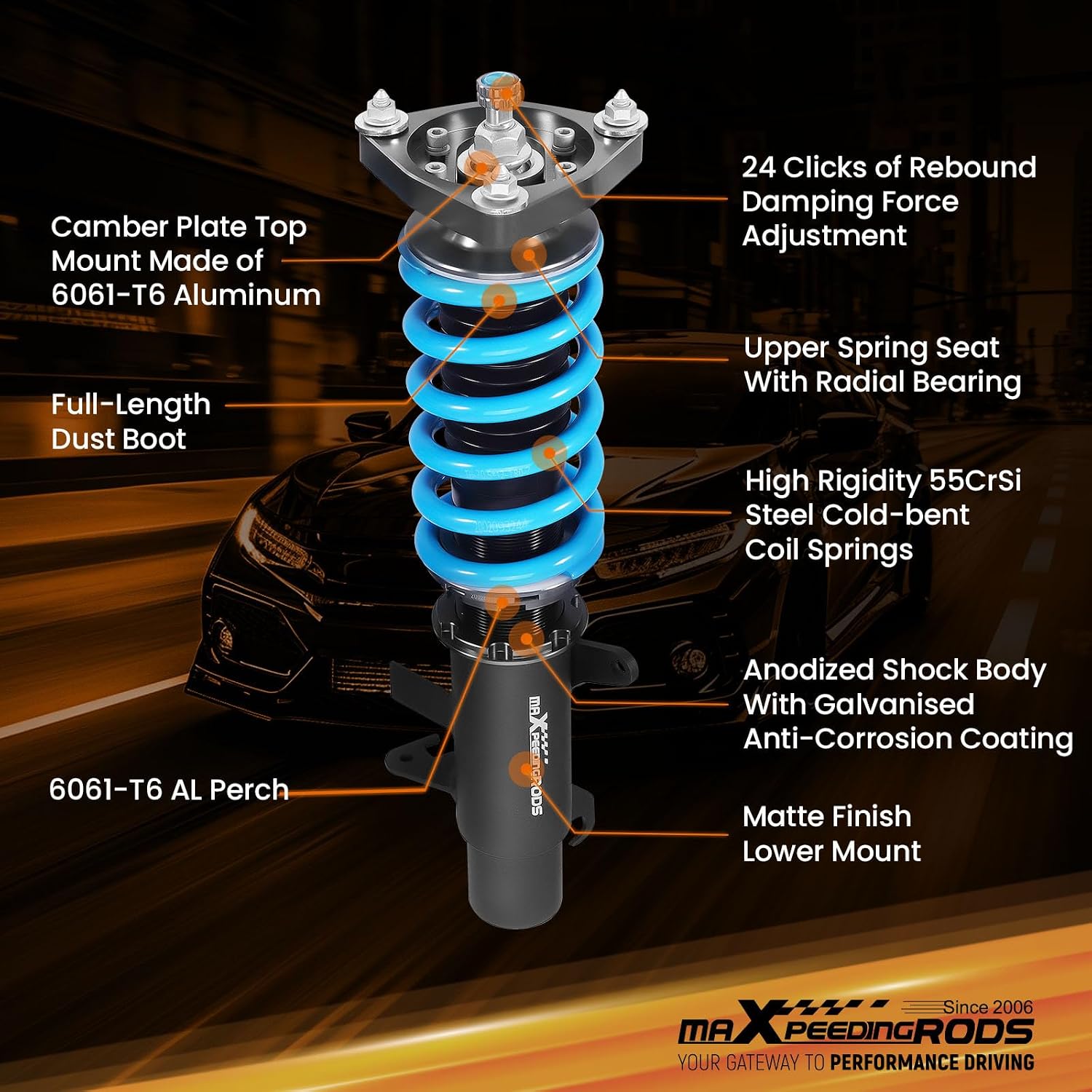 maXpeedingrods Coilovers for Ford Focus MK3 2011-2017, 24 Level Adjustable Damper Coilovers Suspension Kit, Height Adjustable Shock Absorber Struts, T6 Upgraded Lowering Kit Blue