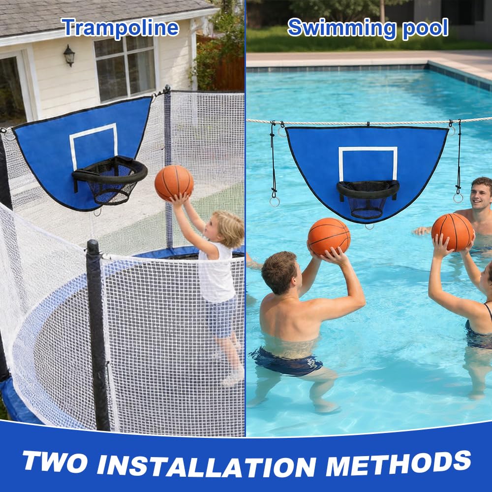 Trampolin Basketballkorb, 98 * 50cm Basketballkorb für Trampolin mit 4 Mini Aufblasbare Basketbällen, Basketball Korb für Trampolin, Trampolin Zubehör für Innen und Außenbereich (Blau)