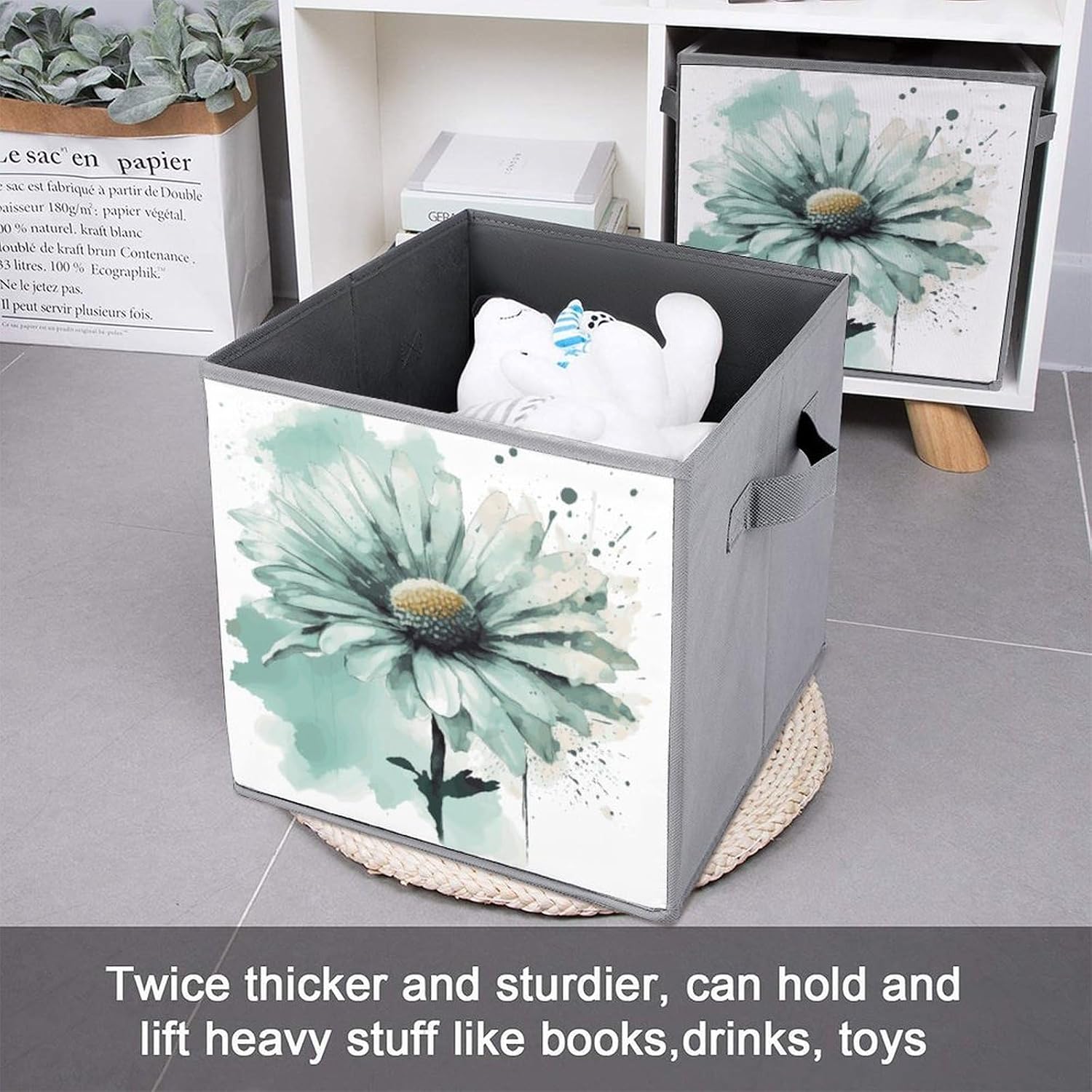 Mint Green Watercolor Daisy Storage Cubes Set of 6 Storage Bins with Handles Collapsible Storage Basket Fabric Storage Box for Shelves Large Closet Shelf Organizer for Organization 11 Inch