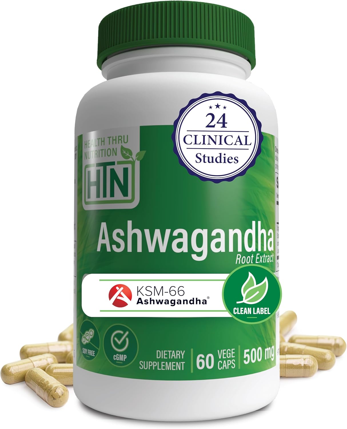 Health Thru Nutrition Ashwagandha 500mg KSM­66® 60 Capsules | Stress, Mood, Focus, & Energy | Clinically Proven and Organic Root-Only Whitania Somnifera Extract | Non-GMO, Gluten & Soy Free