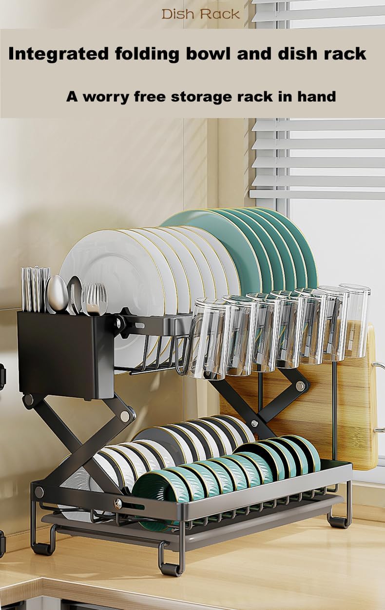 Good Grips Carbon Steel Fold Flat Dish Drying Rack, 2-Tier, with Drainboard, for Kitchen Counter, Collapsible (Black)