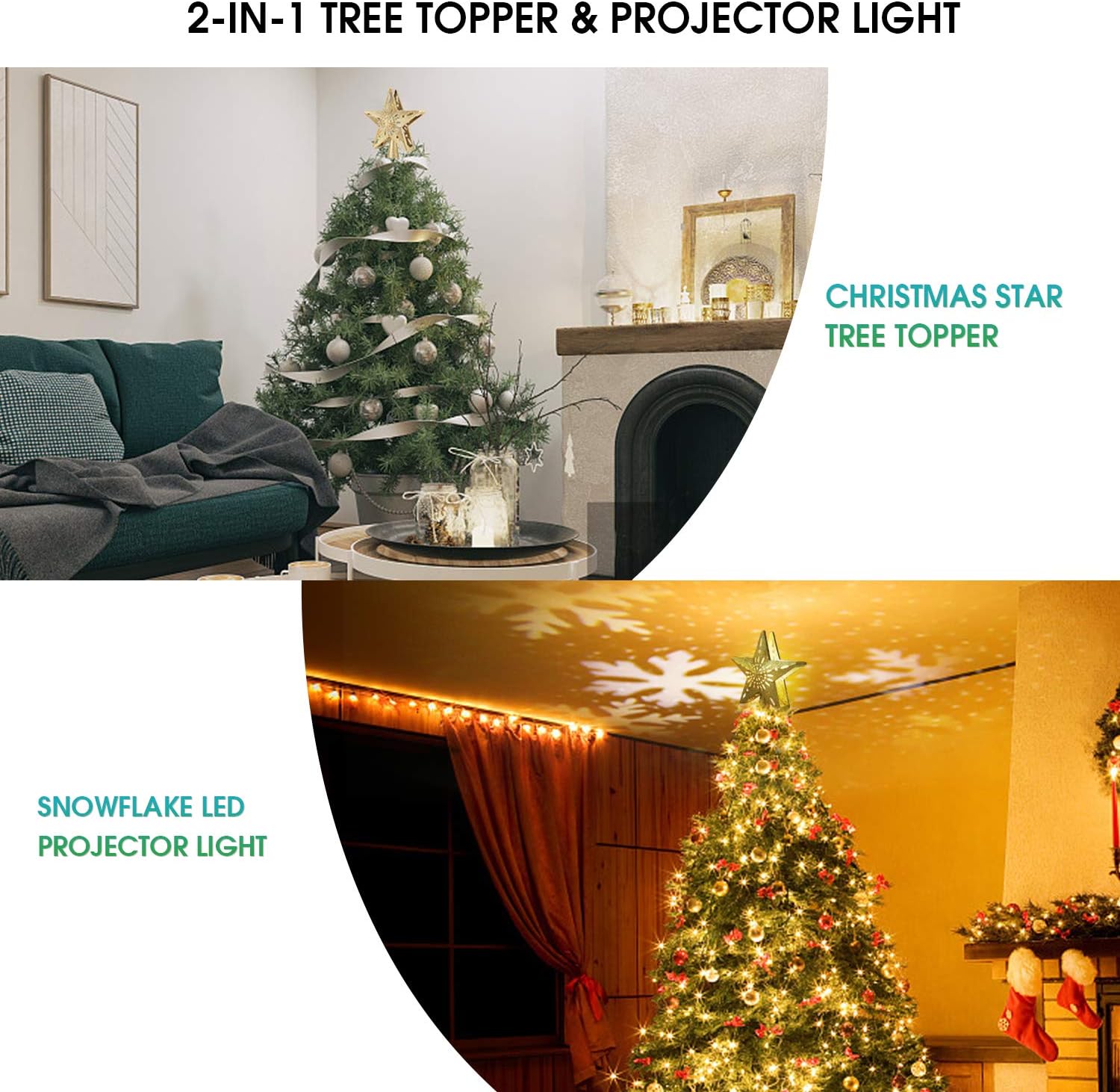 Lighted Christmas Tree Toppers with Snowflake Projector, KINGWILL 2-in-1 Gold Glittered 5 Point 9.8 Inch Star Tree Topper Snowfall LED Lights, Night Light for Christmas Nursery Indoor Decoration