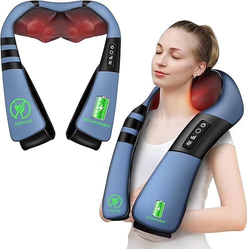 Masajeador Shiatsu inalámbrico de cuello y hombros con calor, masajeador de espalda para aliviar el dolor de tejido profundo 3D, masajeador de