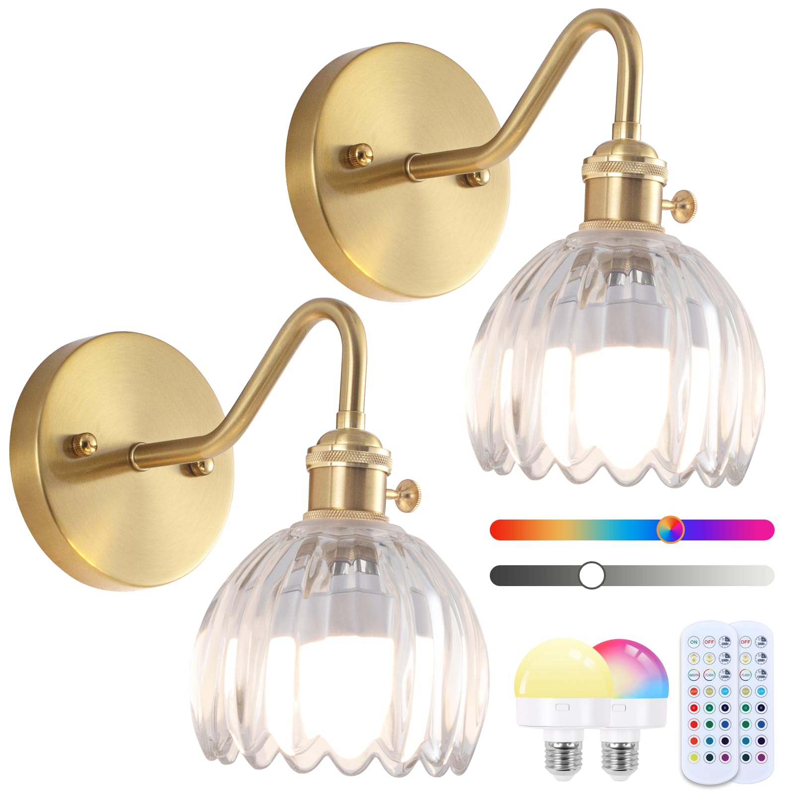 EIDEARAY Battery Operated Wall Lights,Rechargeable Wall Lights with RGB Dimmable Remote Control,Rechargeable Gold Wall Light,Transparent Tulip Glass Lampshade for Living Room Bedroom Hallway 2-Pack โ image 1
