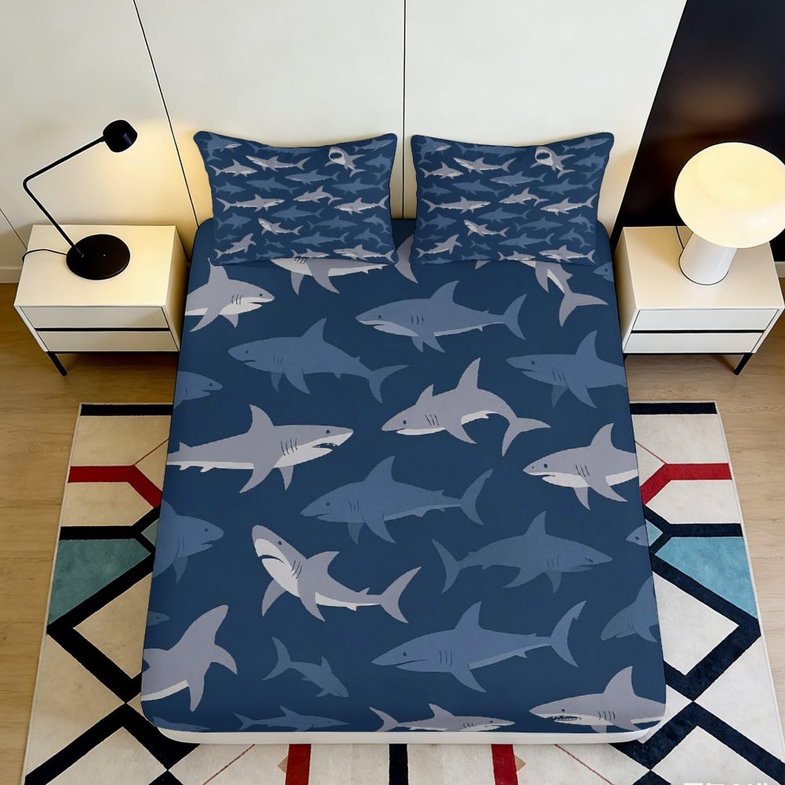 Pnayamiorkfel Style-10 3D Printed Shark Ocean Fitted Sheet Microfiber Soft Navy Blue Sea Mattress Cover For Bedroom Guest Room Decor 90X200x25cm