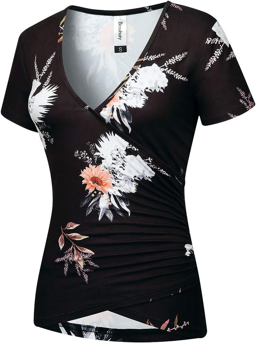 Beauhuty Women's Deep V Neck Short Sleeve Front Wrap Ruched Sexy Slim Fit Tops - Image 3