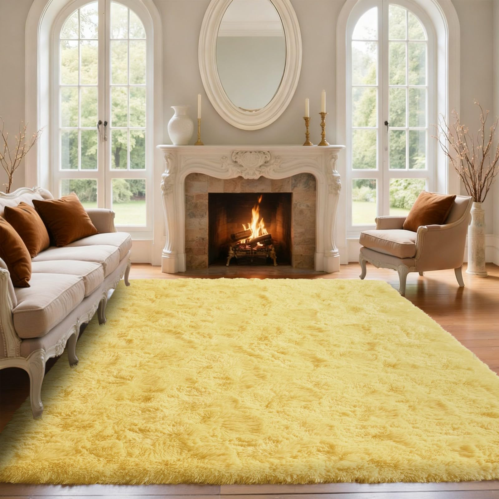 Tapis pelucheux jaune 180x270 cm antidérapant grand format pour salon