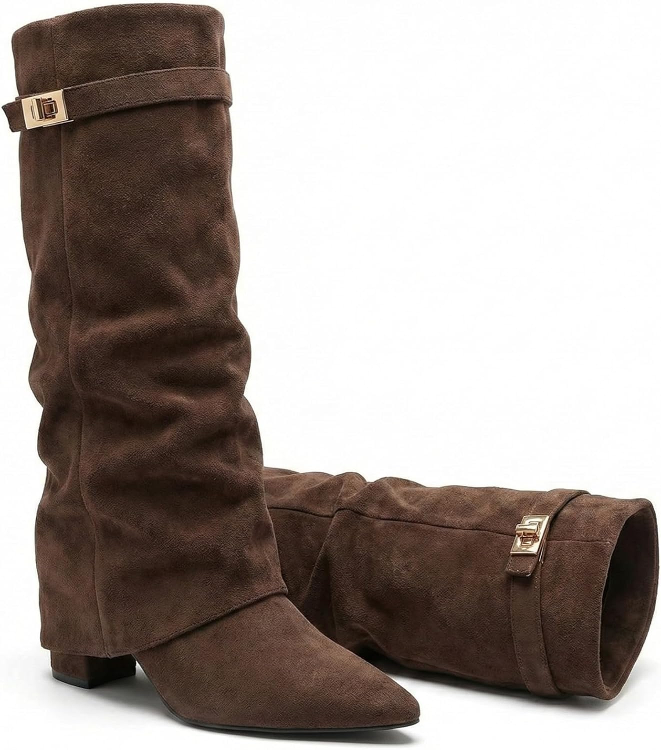 Women's Knee High Boots Leather Fold Over Pointed Toe Gold Buckle Stacked Heel Dress Casual Slouchy Mid Calf Booties