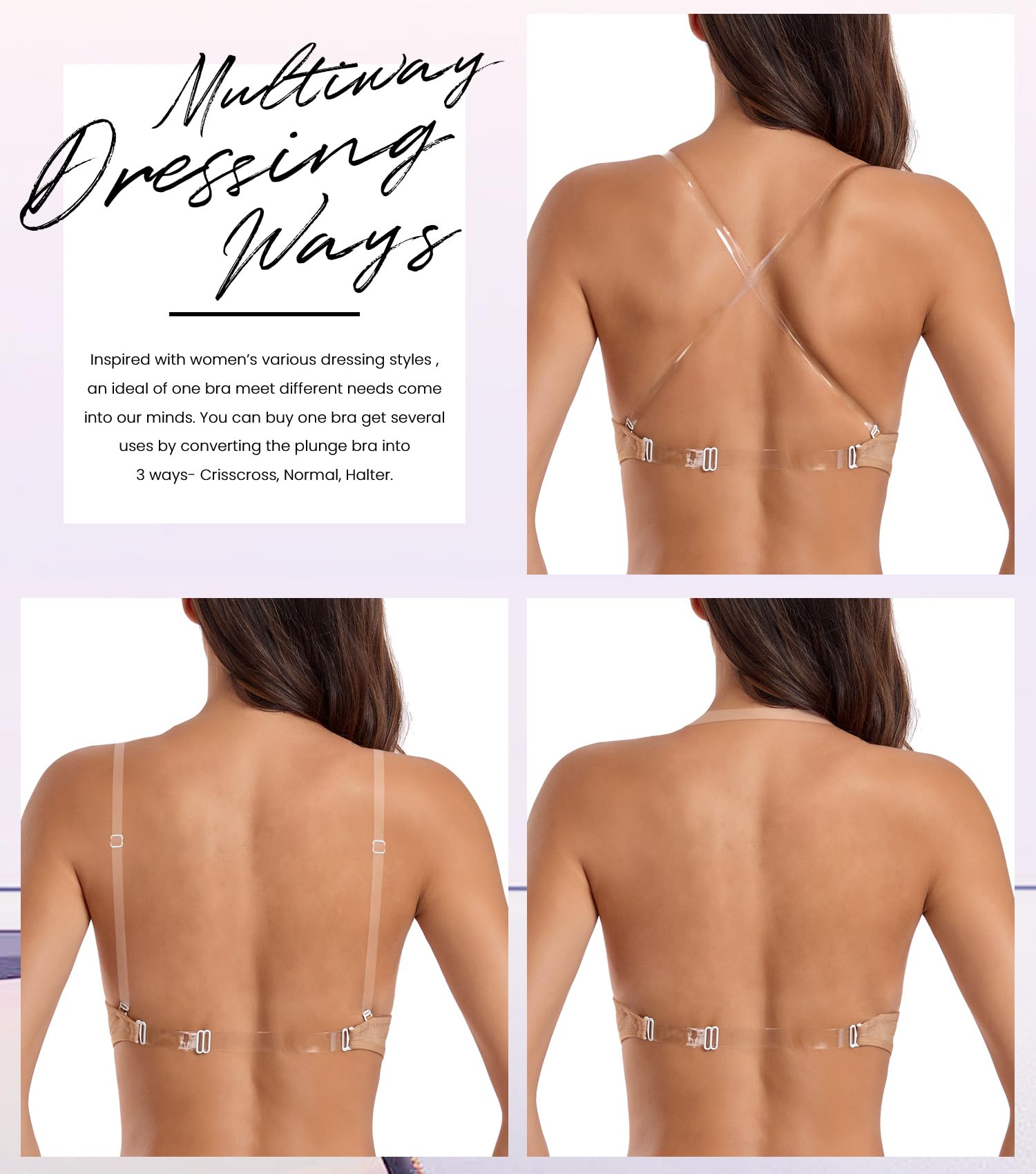 Wekofi Brasier de alambre mágico con escote en V profundo para mujer, sexy, espalda baja, tirantes transparentes, espalda descubierta