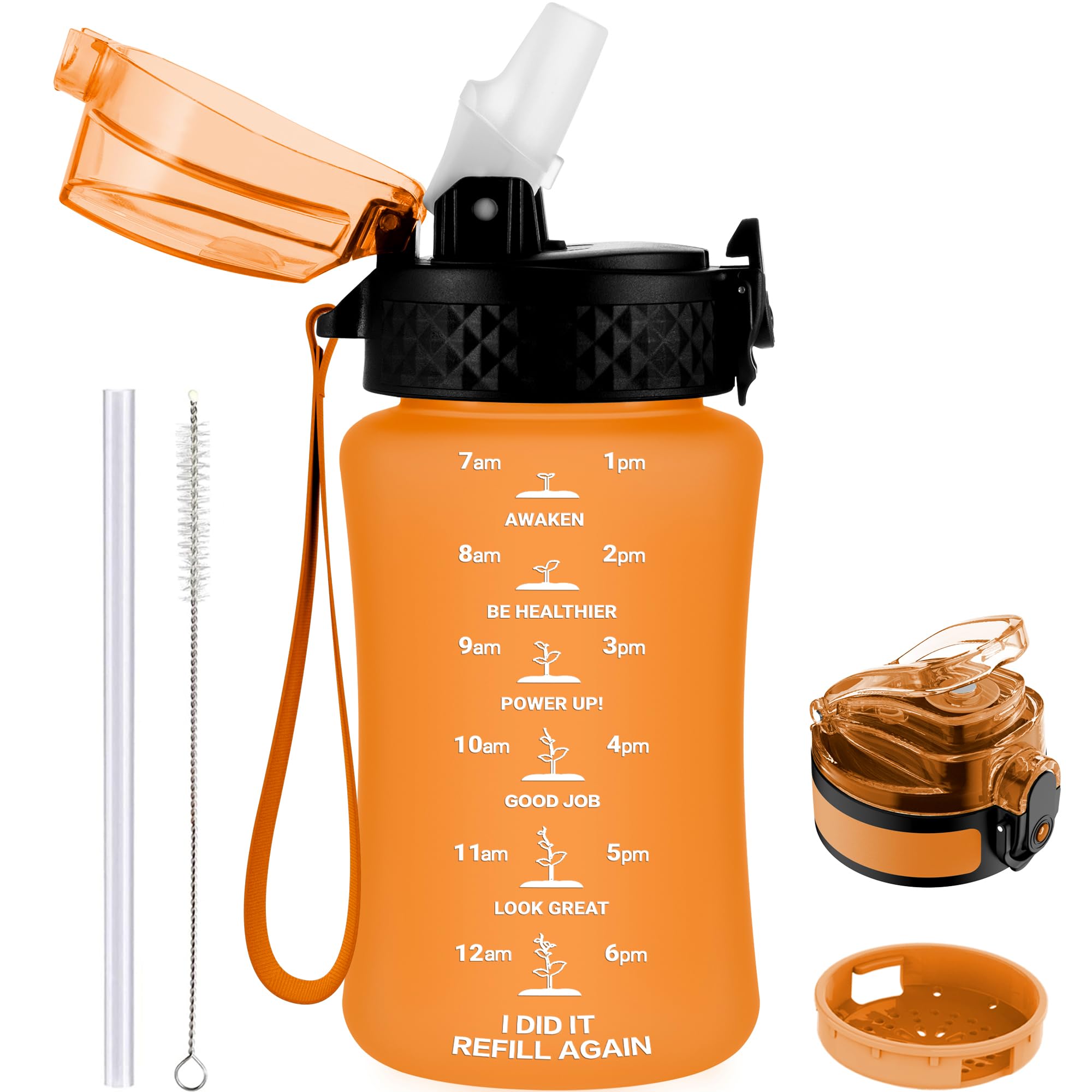 GOPPUS 350ml/12oz Kids Water Bottle With Straw Tritan Drinks Bottle with Strap Small Toddler Juice Bottles with Flip Top Lid Leakproof Children's Cup with Time Marking BPA free Girl Boy (Orange)