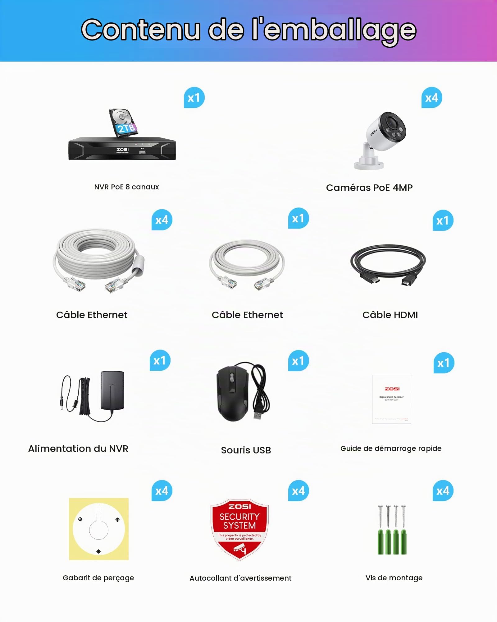 ZOSI 4MP Kit Caméra de Surveillance PoE Extérieure NVR H.265+ 8CH 5MP 1TB