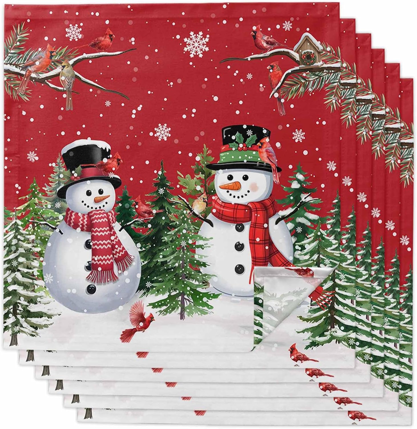 Red Snowman Christmas Cloth Napkins, Washable and Reusable Dinner Napkins Set of 6, Xmas Tree Snowflake Winter Branches Table Napkin for Kitchen Party Birthday Wedding Hotel Housewarming 20''x20''