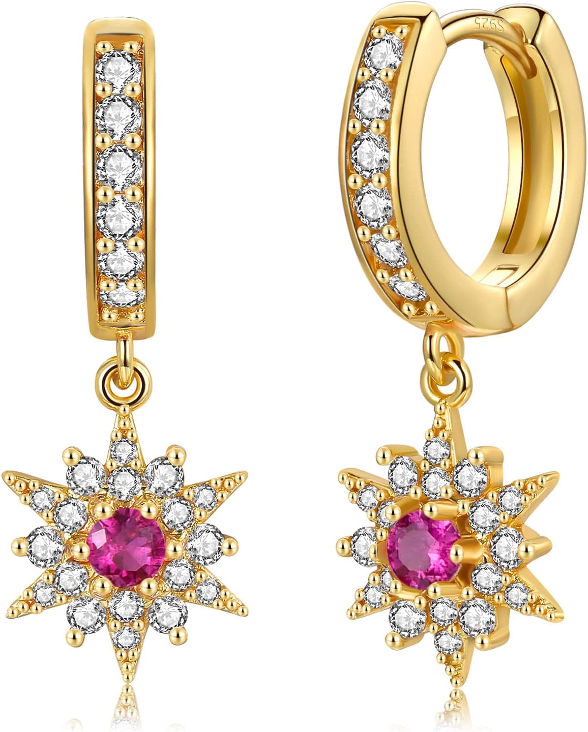 ADVIOK Hoop Earrings Sterling Silver Post with Dangle Charm AAA Cubic Zirconia Opal Ruby Emerald Star Drop Hoops Silver 925 Gold Plated CZ Huggie Earring Jewellery Gift for Women Girls