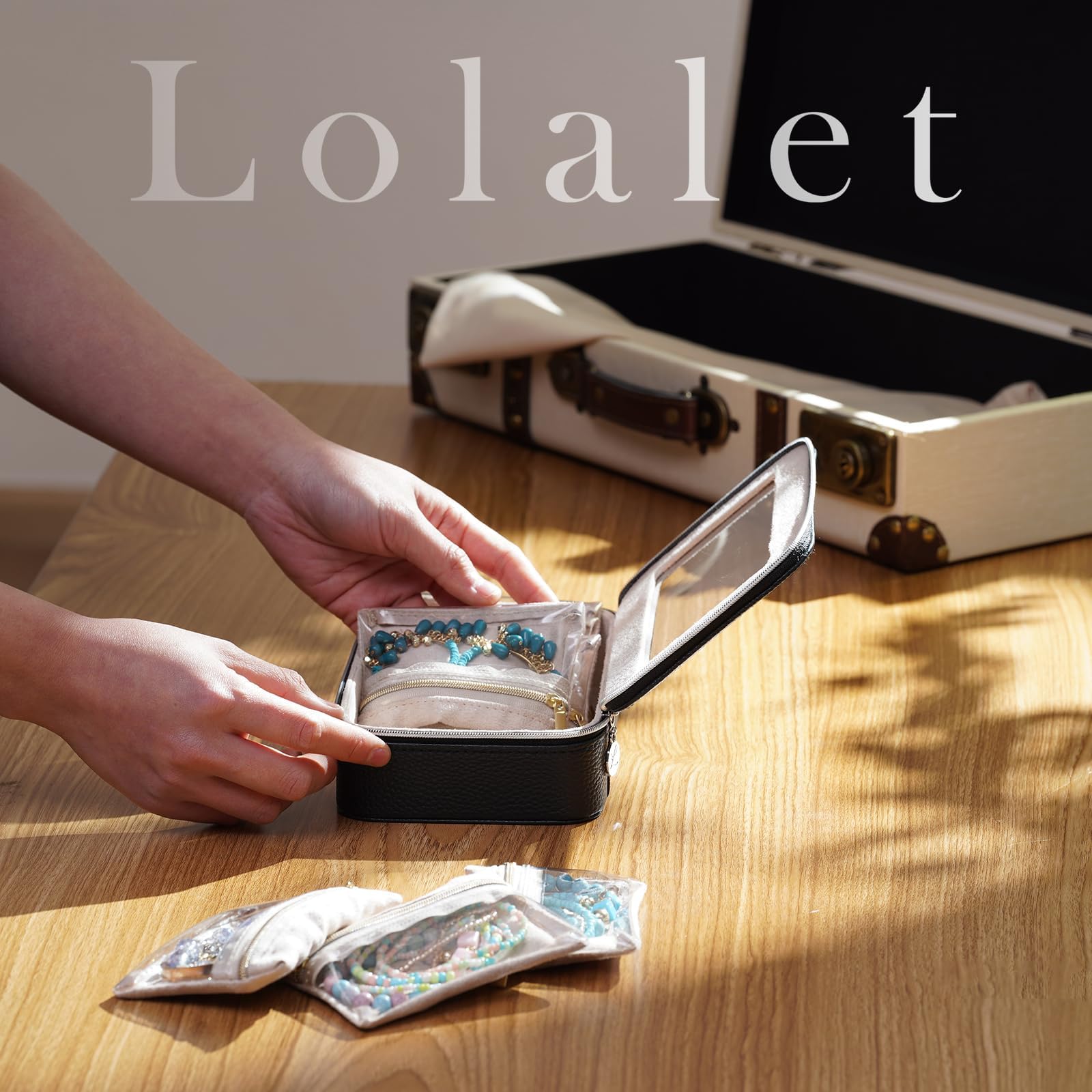 Lolalet 8 in 1 Travel Jewelry Case with Velvet Pouches, Clear Window Travel Jewelry Organizer Bags for Earrings, Bracelets, Necklaces and Rings, Compact Jewelry Storage for Women Girls -Black, 7PCS