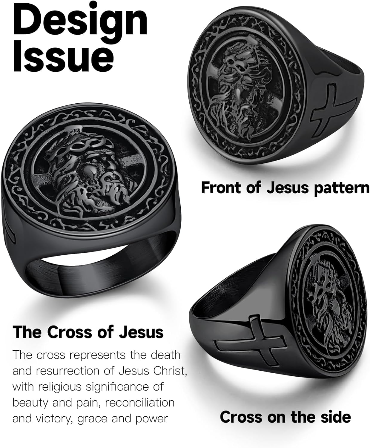Christian Cross Rings for Men - Stainless Steel Jesus Jewelry with Celtic Knot Sides (Gold/Black/Silver) - Catholic Religious Gift, Size 7-13