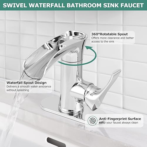 Miniatura 2 de PARLOS Grifo de baño en cascada con boquilla giratoria, grifo de lavabo de una sola manija, grifo mezclador de lavabo de un solo orificio con líneas