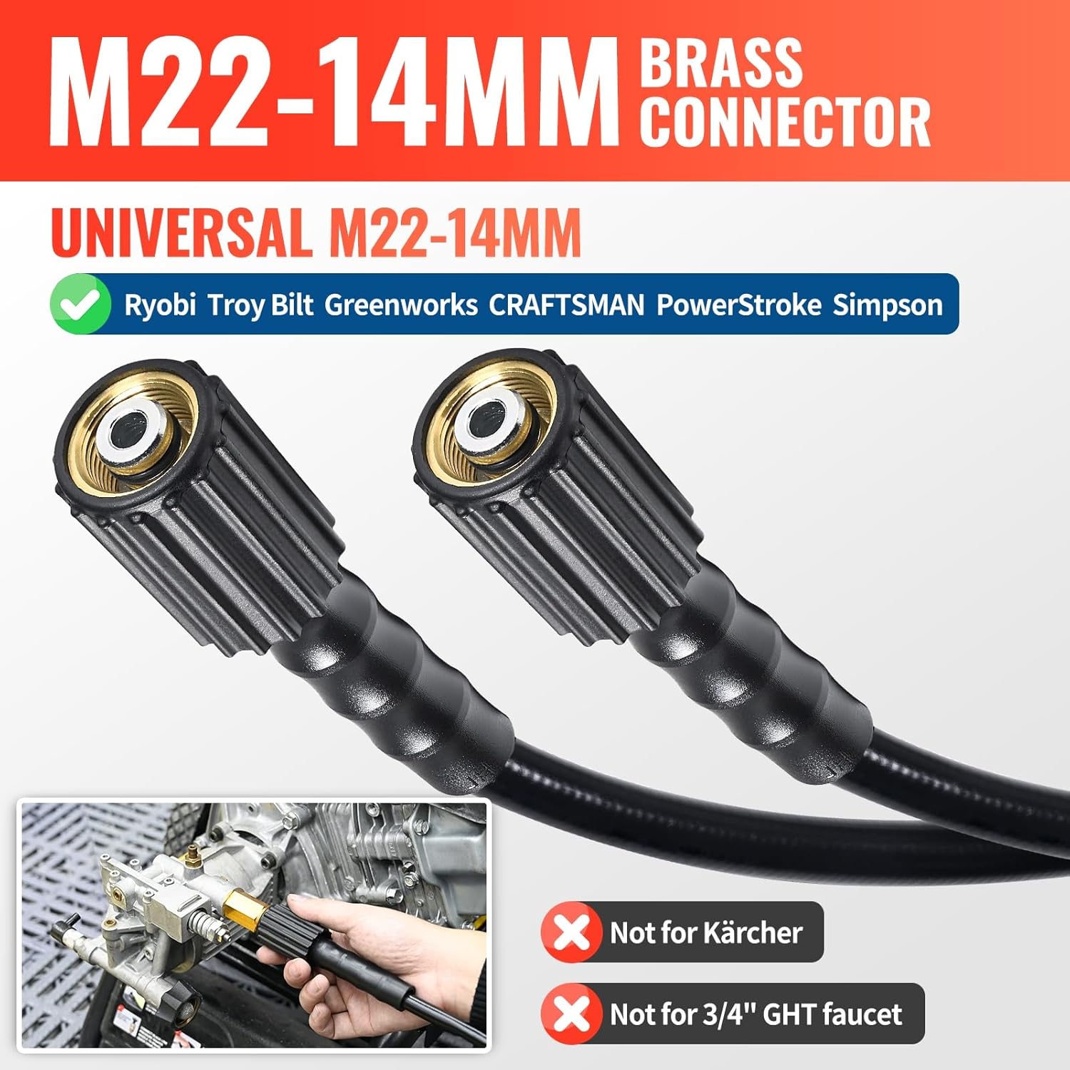 YAMATIC Pressure Washer Hose 50FT x 1/4", 3200 PSI Kink Resistant OEM-Quality Upgrade Power Washer Replacement/Extension with M22-14mm Brass Fittings for Ryobi, Troy Bilt, Greenworks, CRAFTSMAN