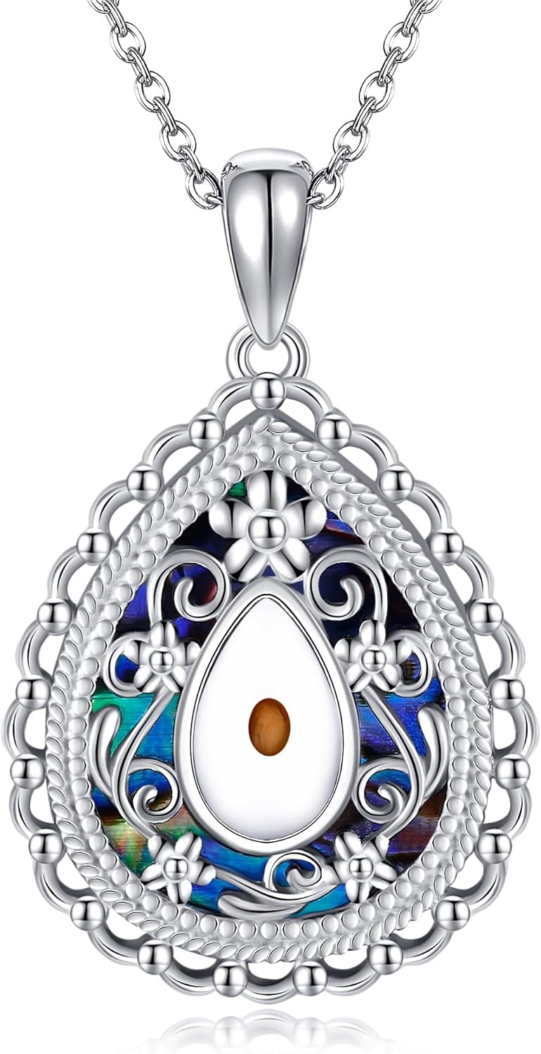 Mustard Seed Necklace 925 Sterling Silver Abalone Shell Mustard Seed Faith Flower Pendant Necklace Mustard Seed Jewelry Gifts for Women