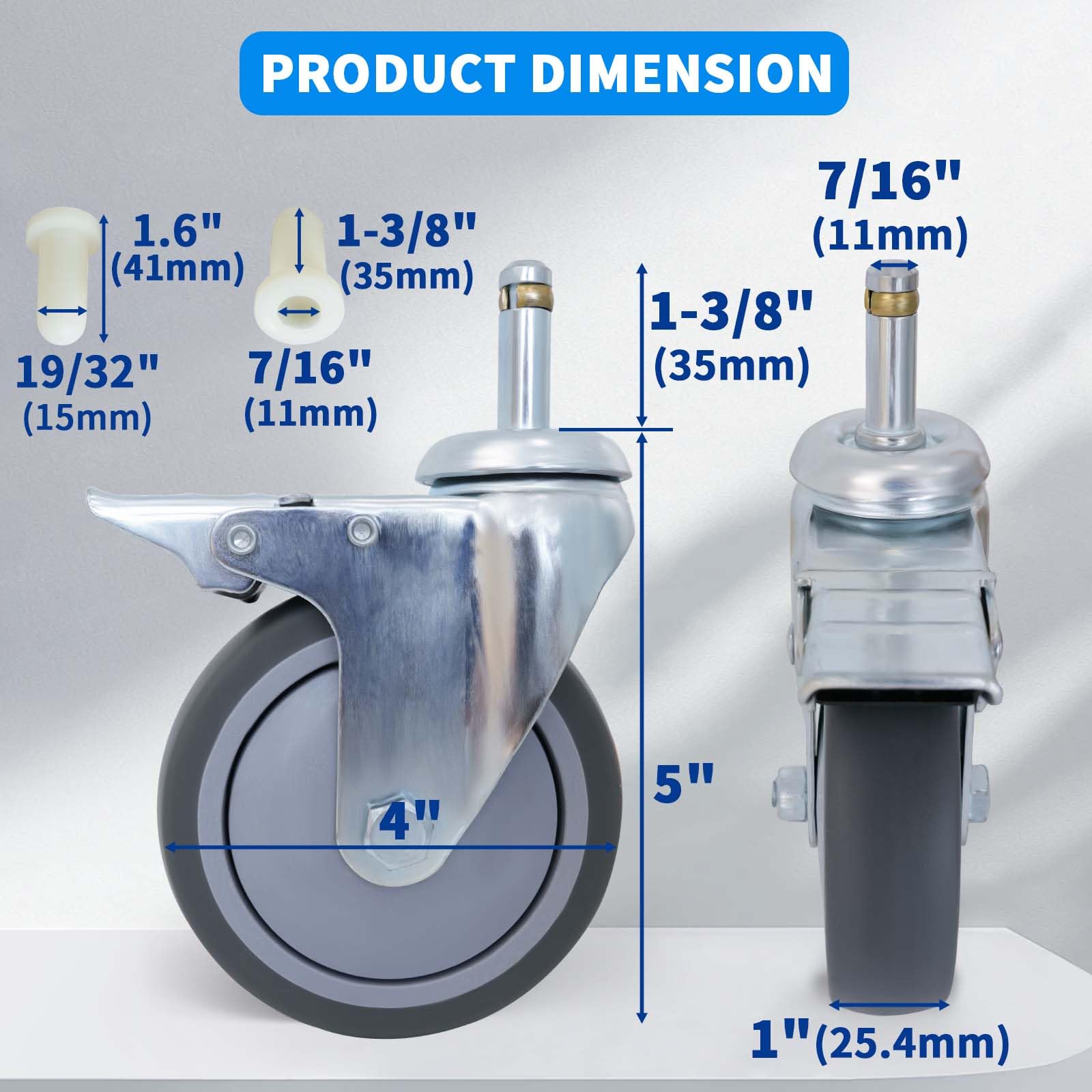Ruote piroettanti con Freno da 4 Pollici in TPR Resistente, Diametro Stelo 7/16 Pollici, Set da 4 per Secchio per mocio Rubbermaid, Carrello, Sgabello, Barbecue, aspirapolvere da Officina