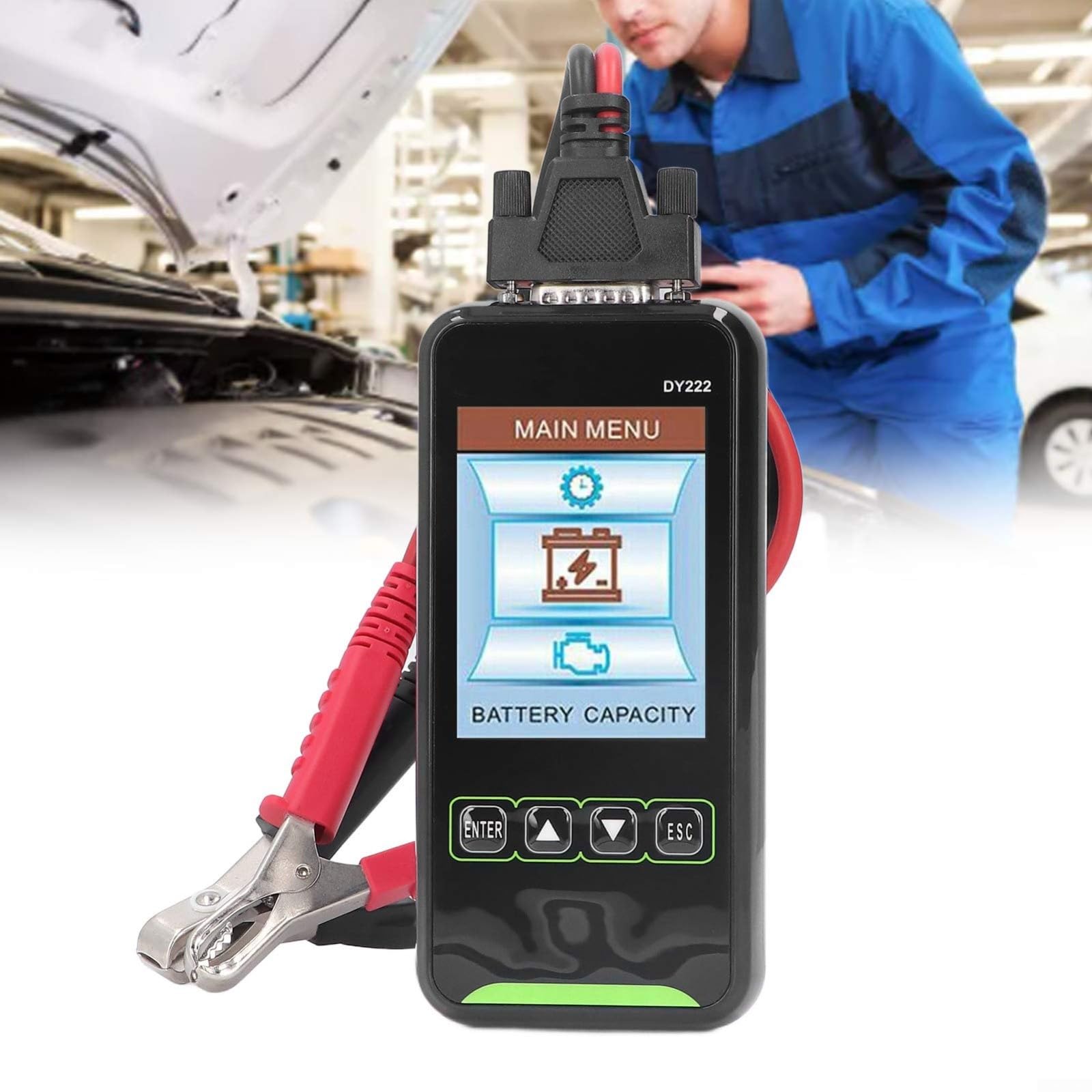 DY222 - Comprobador de batería de 12 V 24 V con LCD de 3,2 pulgadas para batería de coche, motor de arranque y alternador, comprobador de resistencia interna con medición Kelvin e indicador