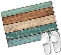 Vista 1 de Tapete para puerta de interior, absorbente de goma antideslizante, lavable, color verde azulado, turquesa, madera rústica, de bajo perfil, tapete