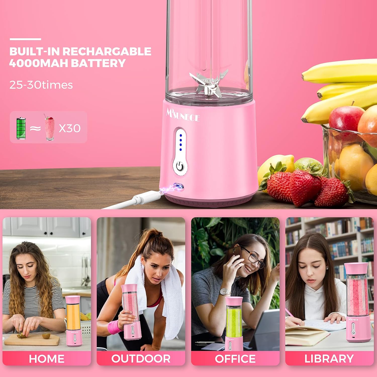 MOSUNECE Portable Blender, 17 Oz Personal Blender for Shakes and Smoothies, Fruit Juice, Mini Blender with Stainless Steel Six Blades, 4000mAh Battery, USB Rechargeable Mixer for Sports, Office,Travel, Gym（Pink）: Home & Kitchen