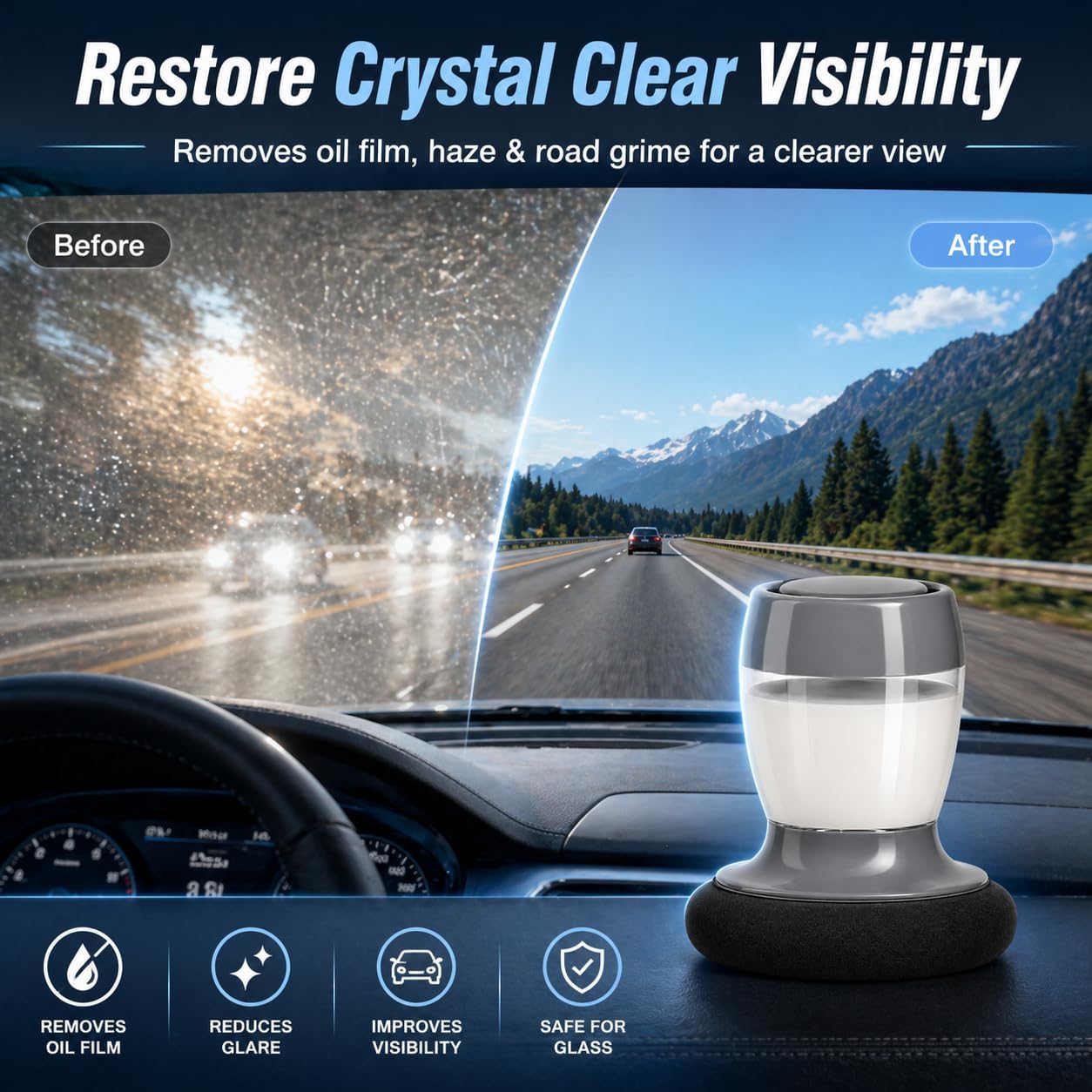 Automotive Glass Oil Film Remover & Windshield Cleaning Brush | 2-in-1 Windshield Cleaner with Sponge Brush | Removes Stubborn Oil Film, Bugs & Smudges for Crystal Clear Visibility & Safer Driving