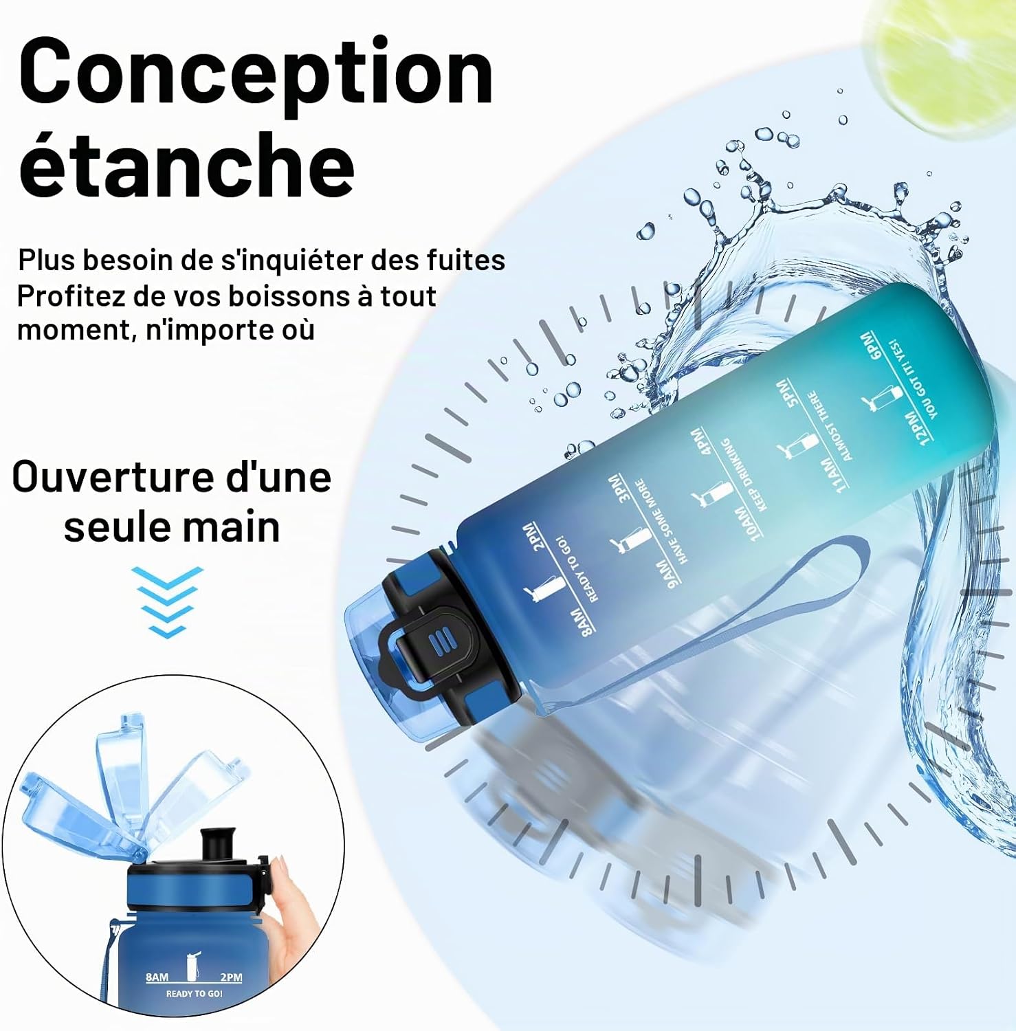 Gourde 1L, Gourde avec Marqueur de Temps, Bouteille avec Filtre, Bouteille D'eau Motivatio - Mise en situation et utilisation
