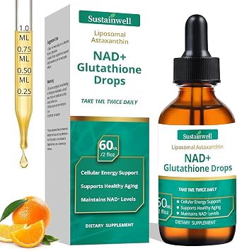 NAD+ Glutathione Liquid Drops with Liposomal Astaxanthin - Supports Cellular Energy, Dual Antioxidant Action, Healthy Aging - Fast Absorption, High Bioavailability, Vegan, 2.04 Fl Oz