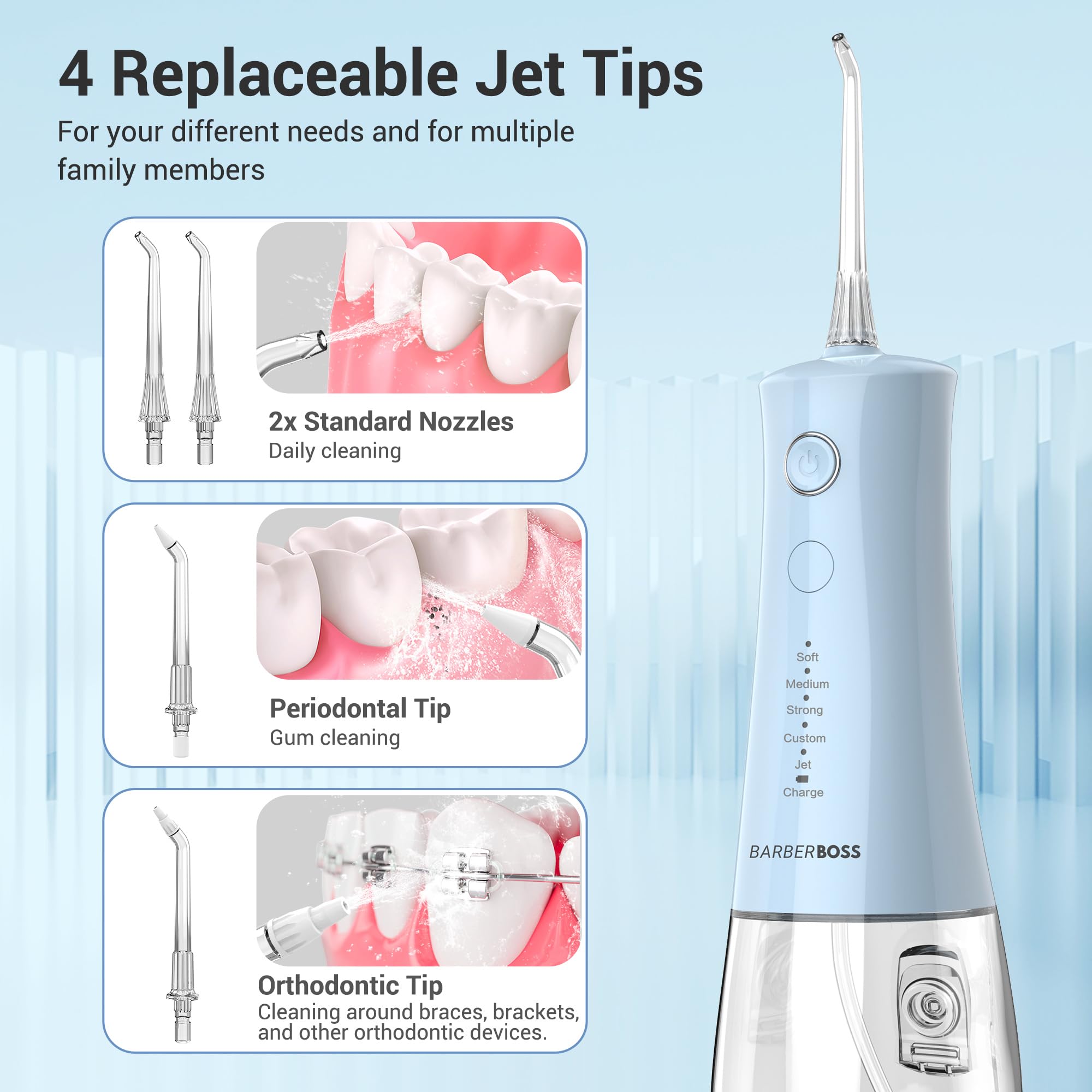 BarberBoss idropulsore dentale, irrigatore orale elettrico senza fili, 5 modalità di pressione, serbatoio da 340 ml, impermeabile IPX8, dispositivo portatile per la cura delle gengive (Blu Pastello)
